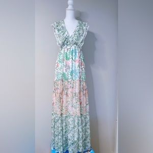 House of Harlow 1960 Floral Tiered V-neck Maxi Smocked Chiffon Dress